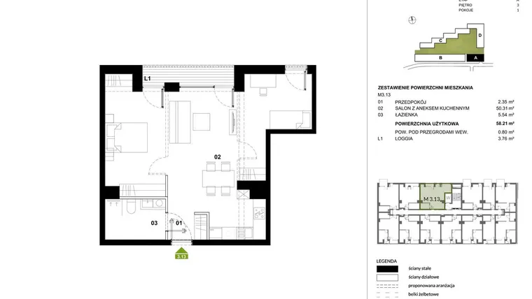 Rzut - Mieszkanie na sprzedaż 1 pokój o powierzchni 59,22 m² - numer A.3.13 w Kozielska Park