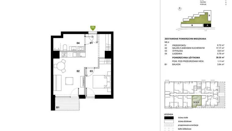 Rzut - Mieszkanie na sprzedaż 2 pokoje o powierzchni 39,19 m² - numer A.6.4 w Kozielska Park