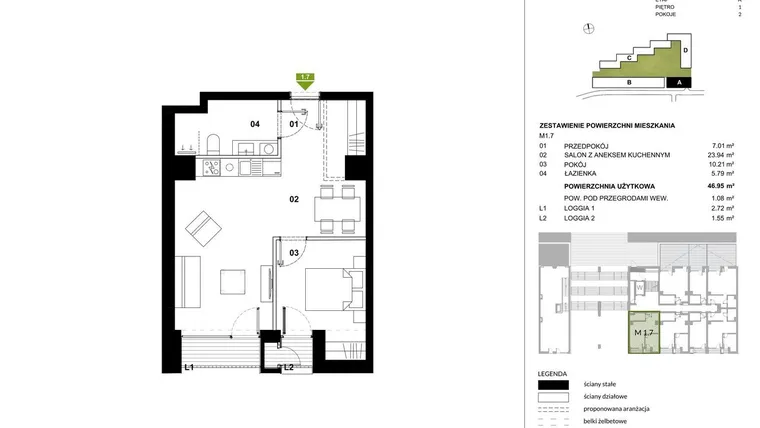 Rzut - Mieszkanie na sprzedaż 2 pokoje o powierzchni 46,73 m² - numer A.1.7 w Kozielska Park