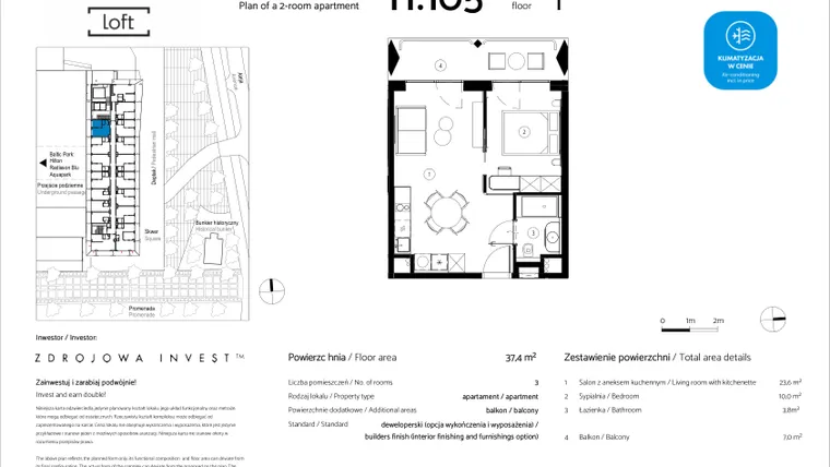 Rzut - Mieszkanie na sprzedaż 2 pokoje o powierzchni 37,4 m² - numer H.105 w Baltic Park Loft