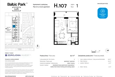Rzut - Mieszkanie na sprzedaż 2 pokoje o powierzchni 37,3 m² - numer H.107 w Baltic Park Loft