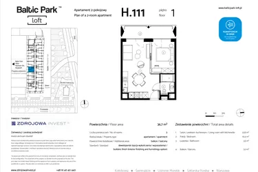 Rzut - Mieszkanie na sprzedaż 2 pokoje o powierzchni 37,4 m² - numer H.111 w Baltic Park Loft