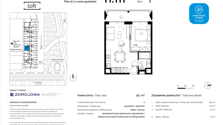 Rzut - Mieszkanie na sprzedaż 2 pokoje o powierzchni 37,4 m² - numer H.111 w Baltic Park Loft