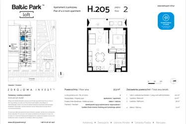 Rzut - Mieszkanie na sprzedaż 2 pokoje o powierzchni 37,3 m² - numer H.205 w Baltic Park Loft