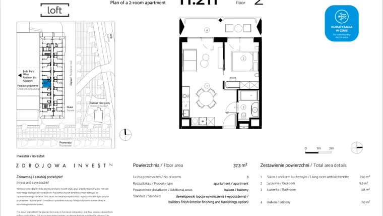Rzut - Mieszkanie na sprzedaż 2 pokoje o powierzchni 37,3 m² - numer H.211 w Baltic Park Loft