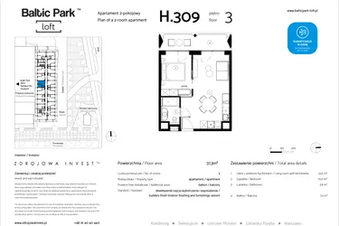 Rzut - Mieszkanie na sprzedaż 2 pokoje o powierzchni 37,3 m² - numer H.309 w Baltic Park Loft