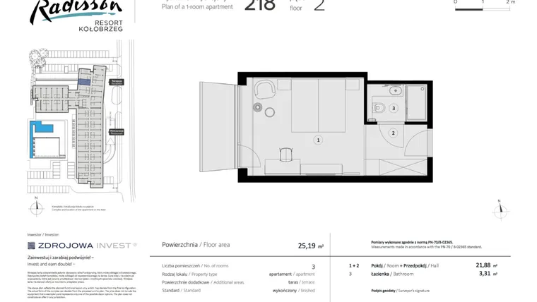 Rzut - Mieszkanie na sprzedaż 1 pokój o powierzchni 25,19 m² - numer 218 w Radisson Resort, Kołobrzeg