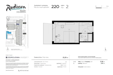 Rzut - Mieszkanie na sprzedaż 1 pokój o powierzchni 25,2 m² - numer 220 w Radisson Resort, Kołobrzeg