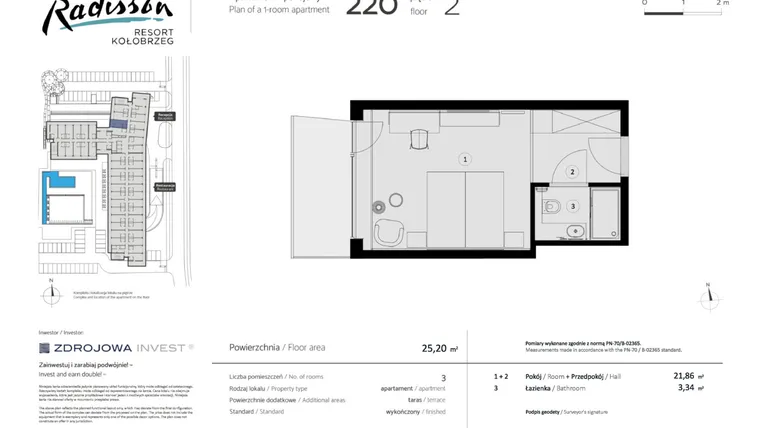 Rzut - Mieszkanie na sprzedaż 1 pokój o powierzchni 25,2 m² - numer 220 w Radisson Resort, Kołobrzeg