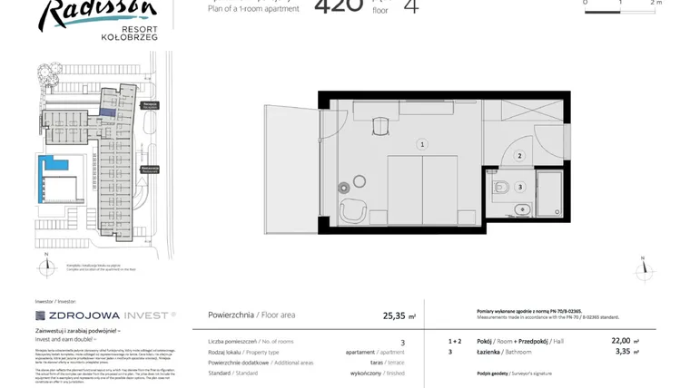 Rzut - Mieszkanie na sprzedaż 1 pokój o powierzchni 25,35 m² - numer 420 w Radisson Resort, Kołobrzeg