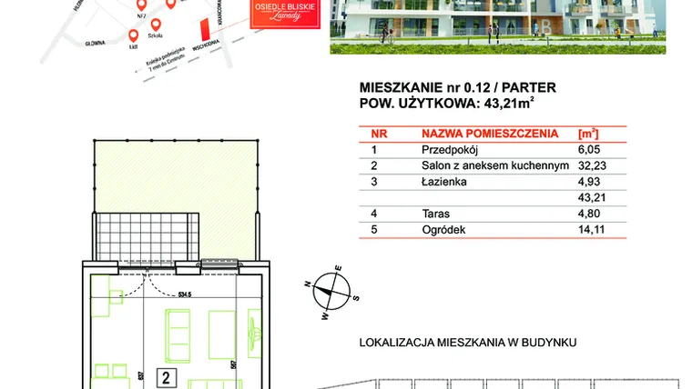 Rzut - Mieszkanie na sprzedaż 1 pokój o powierzchni 43,21 m² - numer BM0.12 w Osiedle Bliskie Zawady etap II