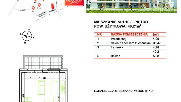 Rzut - Mieszkanie na sprzedaż 1 pokój o powierzchni 40,21 m² - numer BM1.10 w Osiedle Bliskie Zawady etap II