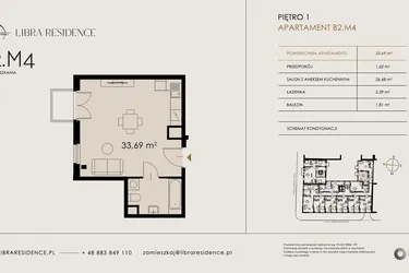 Rzut - Mieszkanie na sprzedaż 1 pokój o powierzchni 33,69 m² - numer B2.M4 w Libra Residence