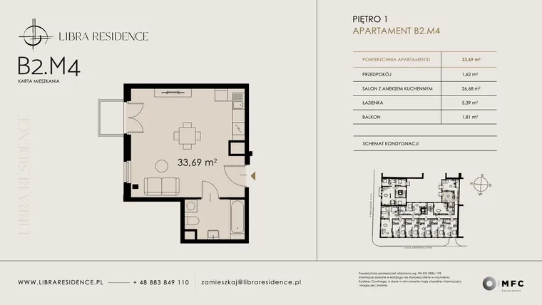 Rzut - Mieszkanie na sprzedaż 1 pokój o powierzchni 33,69 m² - numer B2.M4 w Libra Residence