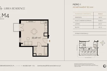Rzut - Mieszkanie na sprzedaż 1 pokój o powierzchni 33,69 m² - numer B2.M4 w Libra Residence