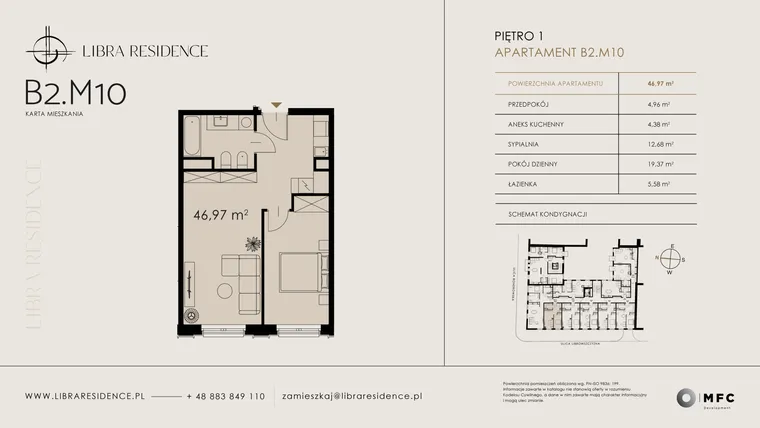 Rzut - Mieszkanie na sprzedaż 2 pokoje o powierzchni 46,97 m² - numer B2.M10 w Libra Residence