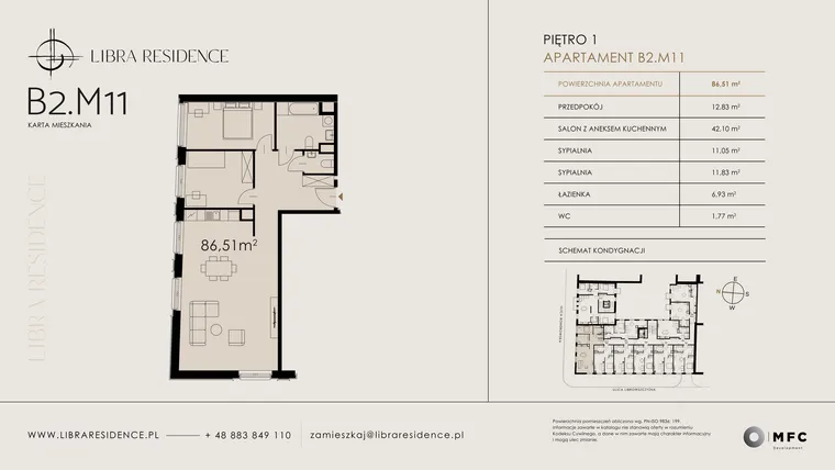 Rzut - Mieszkanie na sprzedaż 3 pokoje o powierzchni 86,51 m² - numer B2.M11 w Libra Residence