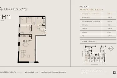 Rzut - Mieszkanie na sprzedaż 3 pokoje o powierzchni 86,51 m² - numer B2.M11 w Libra Residence