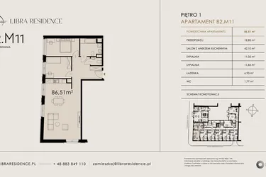 Rzut - Mieszkanie na sprzedaż 3 pokoje o powierzchni 86,51 m² - numer B2.M11 w Libra Residence