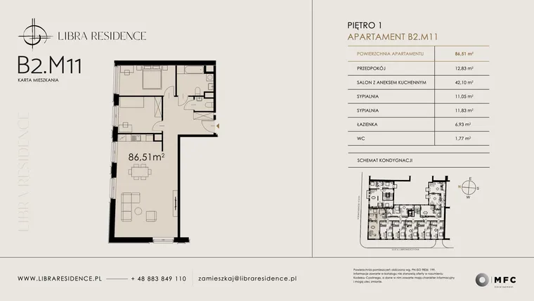 Rzut - Mieszkanie na sprzedaż 3 pokoje o powierzchni 86,51 m² - numer B2.M11 w Libra Residence