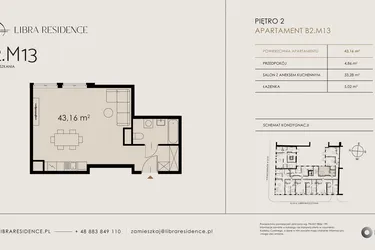Rzut - Mieszkanie na sprzedaż 1 pokój o powierzchni 43,16 m² - numer B2.M13 w Libra Residence