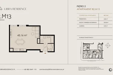 Rzut - Mieszkanie na sprzedaż 1 pokój o powierzchni 43,16 m² - numer B2.M13 w Libra Residence