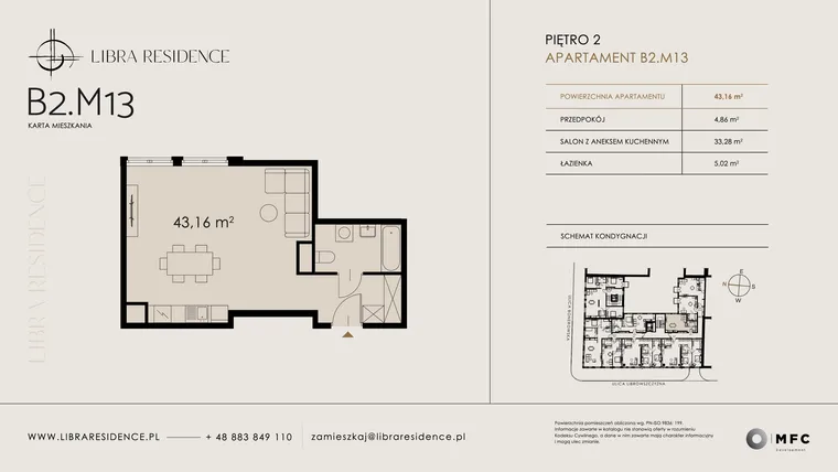 Rzut - Mieszkanie na sprzedaż 1 pokój o powierzchni 43,16 m² - numer B2.M13 w Libra Residence