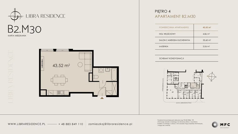 Rzut - Mieszkanie na sprzedaż 1 pokój o powierzchni 43,52 m² - numer B2.M30 w Libra Residence