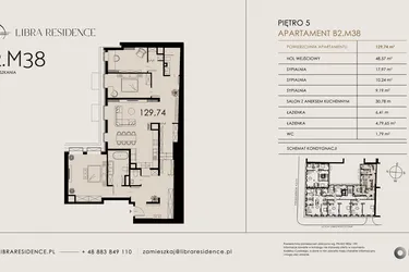 Rzut - Mieszkanie na sprzedaż 4 pokoje o powierzchni 129,74 m² - numer B2.M38 w Libra Residence