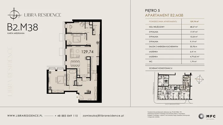 Rzut - Mieszkanie na sprzedaż 4 pokoje o powierzchni 129,74 m² - numer B2.M38 w Libra Residence