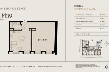 Rzut - Mieszkanie na sprzedaż 3 pokoje o powierzchni 88,73 m² - numer B2.M39 w Libra Residence