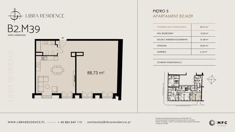 Rzut - Mieszkanie na sprzedaż 3 pokoje o powierzchni 88,73 m² - numer B2.M39 w Libra Residence