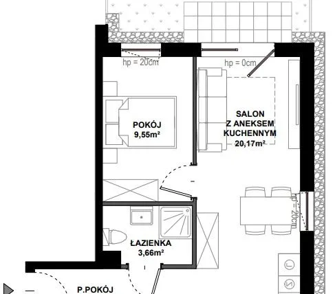 Rzut - Mieszkanie na sprzedaż 2 pokoje o powierzchni 41,37 m² - numer A/2 w Apartamenty Bałtyk