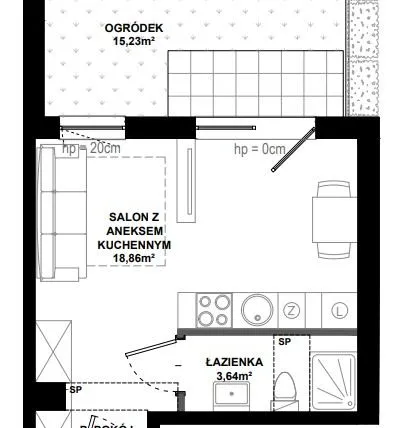 Rzut - Mieszkanie na sprzedaż 1 pokój o powierzchni 25,76 m² - numer B/2 w Apartamenty Bałtyk
