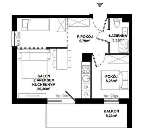 Rzut - Mieszkanie na sprzedaż 2 pokoje o powierzchni 45,26 m² - numer C/7 w Apartamenty Bałtyk