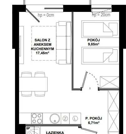 Rzut - Mieszkanie na sprzedaż 2 pokoje o powierzchni 39,21 m² - numer B/101 w Apartamenty Bałtyk