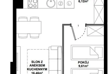 Rzut - Mieszkanie na sprzedaż 2 pokoje o powierzchni 38,56 m² - numer B/105 w Apartamenty Bałtyk