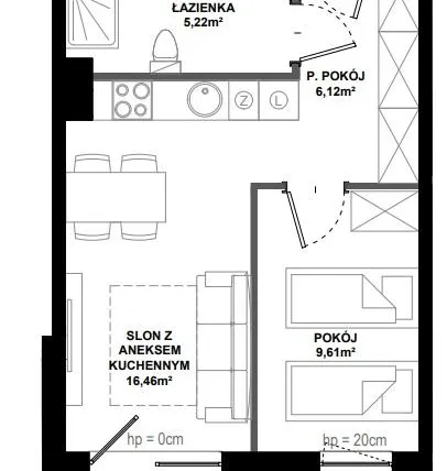 Rzut - Mieszkanie na sprzedaż 2 pokoje o powierzchni 38,56 m² - numer B/105 w Apartamenty Bałtyk