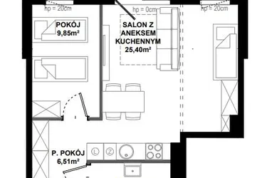 Rzut - Mieszkanie na sprzedaż 2 pokoje o powierzchni 47,7 m² - numer B/108 w Apartamenty Bałtyk