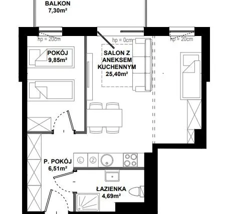 Rzut - Mieszkanie na sprzedaż 2 pokoje o powierzchni 47,7 m² - numer B/108 w Apartamenty Bałtyk