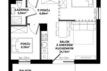 Rzut - Mieszkanie na sprzedaż 2 pokoje o powierzchni 43,96 m² - numer C/103 w Apartamenty Bałtyk