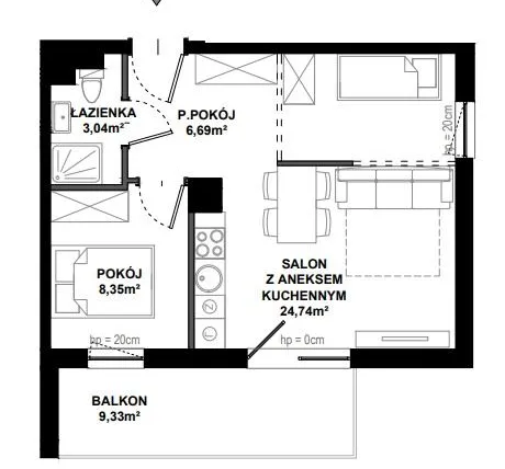 Rzut - Mieszkanie na sprzedaż 2 pokoje o powierzchni 43,96 m² - numer C/103 w Apartamenty Bałtyk