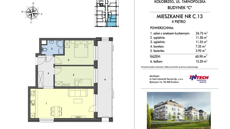 Rzut - Mieszkanie na sprzedaż 3 pokoje o powierzchni 61,07 m² - numer C13 w Miejski Las