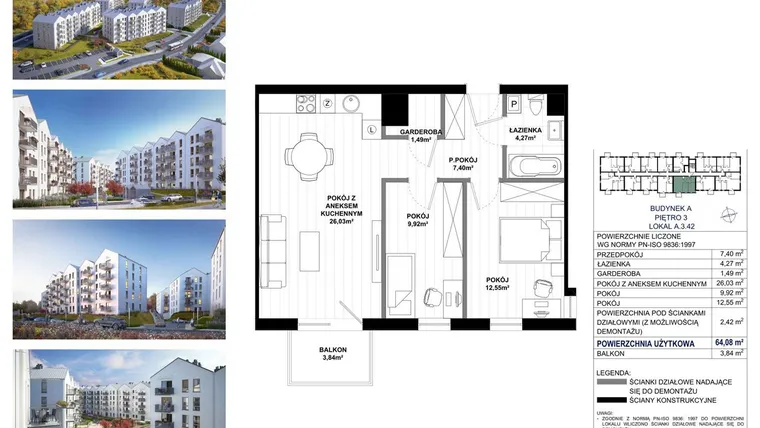 Rzut - Mieszkanie na sprzedaż 3 pokoje o powierzchni 61,66 m² - numer A.3.42 w Skandinavia