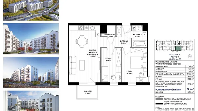 Rzut - Mieszkanie na sprzedaż 3 pokoje o powierzchni 61,68 m² - numer A.4.56 w Skandinavia