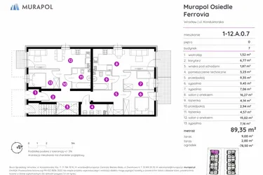 Rzut - Mieszkanie na sprzedaż 5 pokoi o powierzchni 89,35 m² - numer 1-12.A.0.7 w Murapol Osiedle Ferrovia