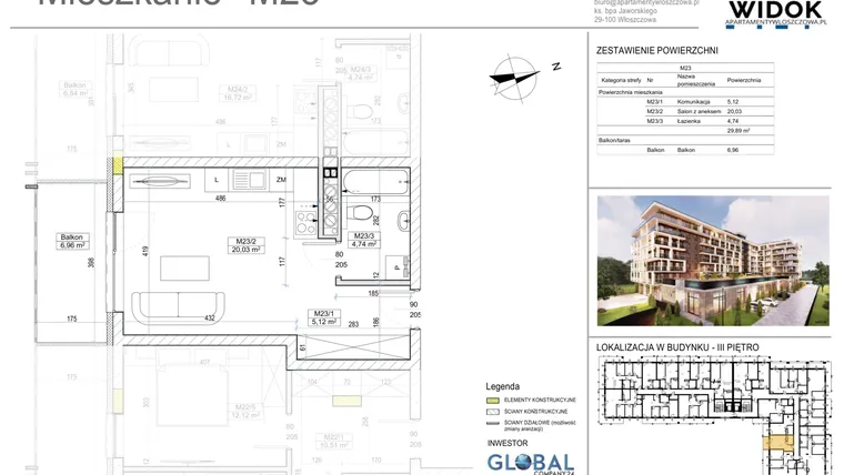 Rzut - Mieszkanie na sprzedaż 1 pokój o powierzchni 29,89 m² - numer M23 w Apartamenty Widok Włoszczowa