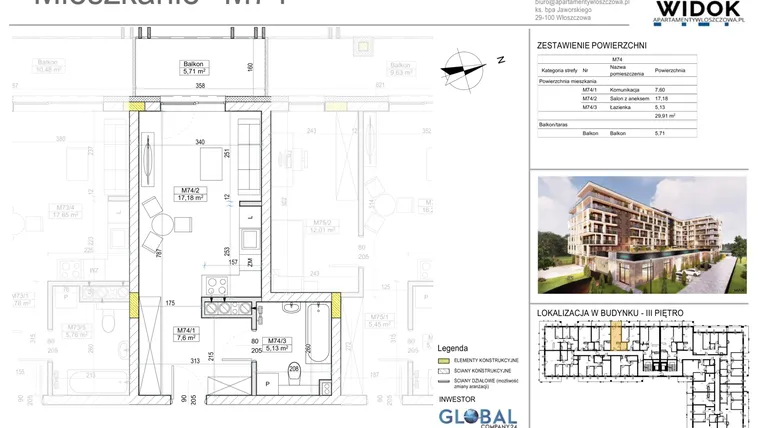 Rzut - Mieszkanie na sprzedaż 1 pokój o powierzchni 29,91 m² - numer M74 w Apartamenty Widok Włoszczowa