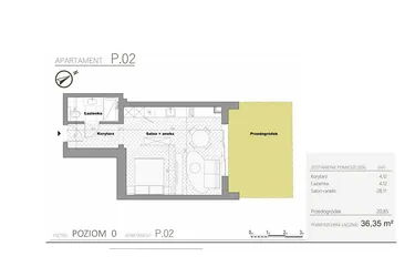 Rzut - Mieszkanie na sprzedaż 1 pokój o powierzchni 36,35 m² - numer 0.2 w Villa Książąt Pomorskich