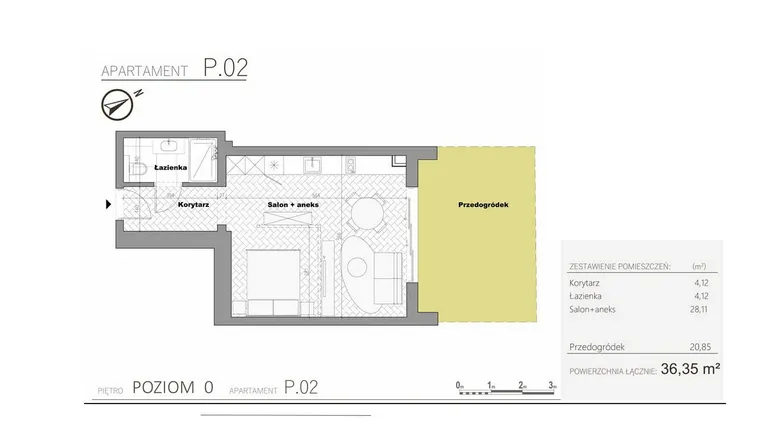Rzut - Mieszkanie na sprzedaż 1 pokój o powierzchni 36,35 m² - numer 0.2 w Villa Książąt Pomorskich